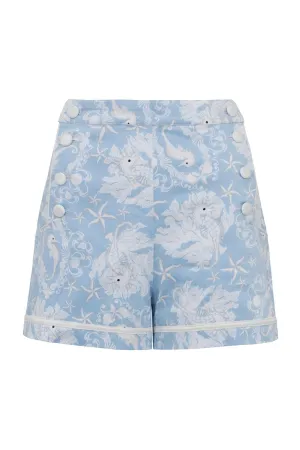 Retro Vintage Nautical Love Seahorses Print Blue Stretch High Rise Waisted Shorts