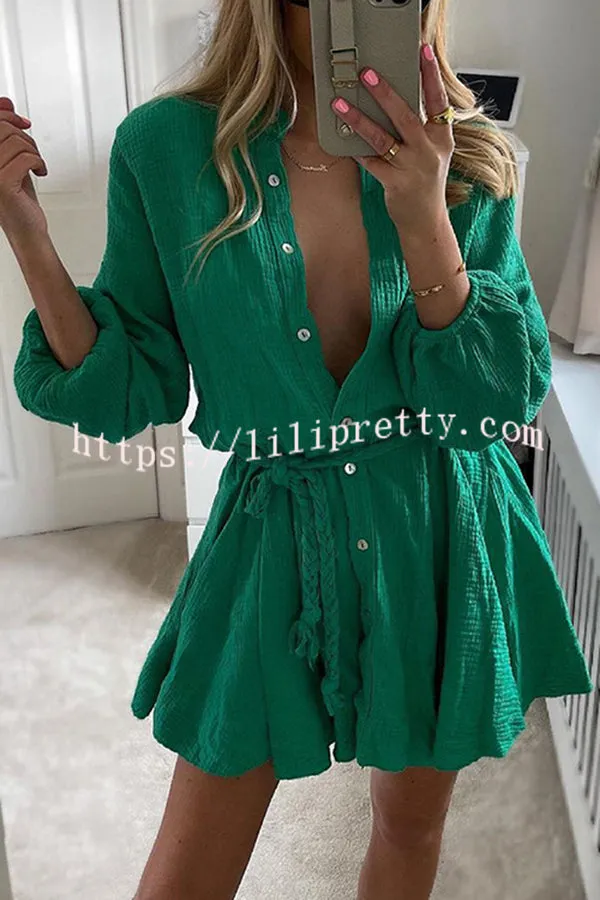 Ruffled Buttoned Long Sleeve Lace Up Mini Dress