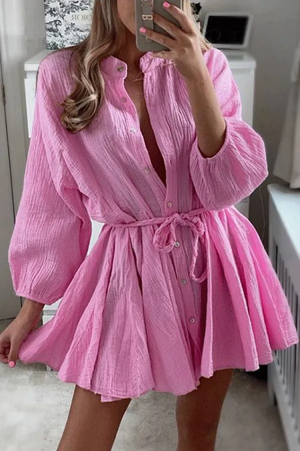 Ruffled Buttoned Long Sleeve Lace Up Mini Dress