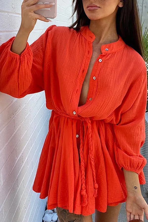 Ruffled Buttoned Long Sleeve Lace Up Mini Dress
