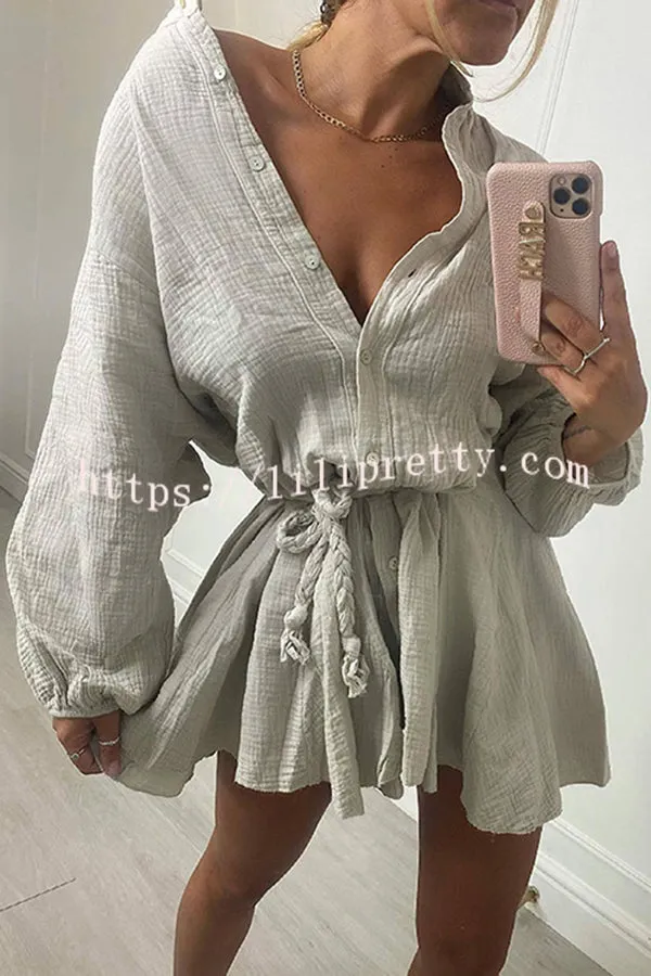 Ruffled Buttoned Long Sleeve Lace Up Mini Dress