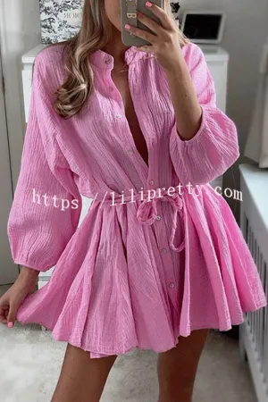 Ruffled Buttoned Long Sleeve Lace Up Mini Dress