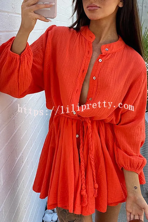 Ruffled Buttoned Long Sleeve Lace Up Mini Dress