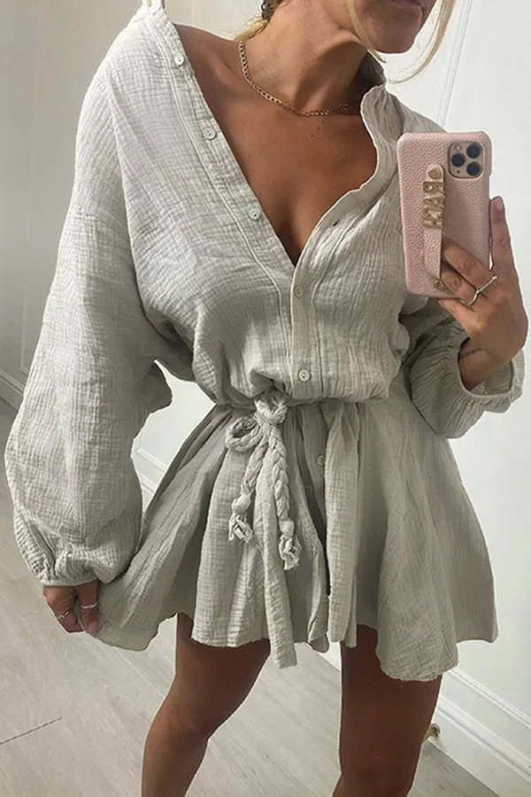 Ruffled Buttoned Long Sleeve Lace Up Mini Dress