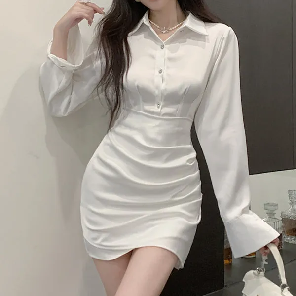Satin Lapel Button Long Sleeve White Shirt Dress