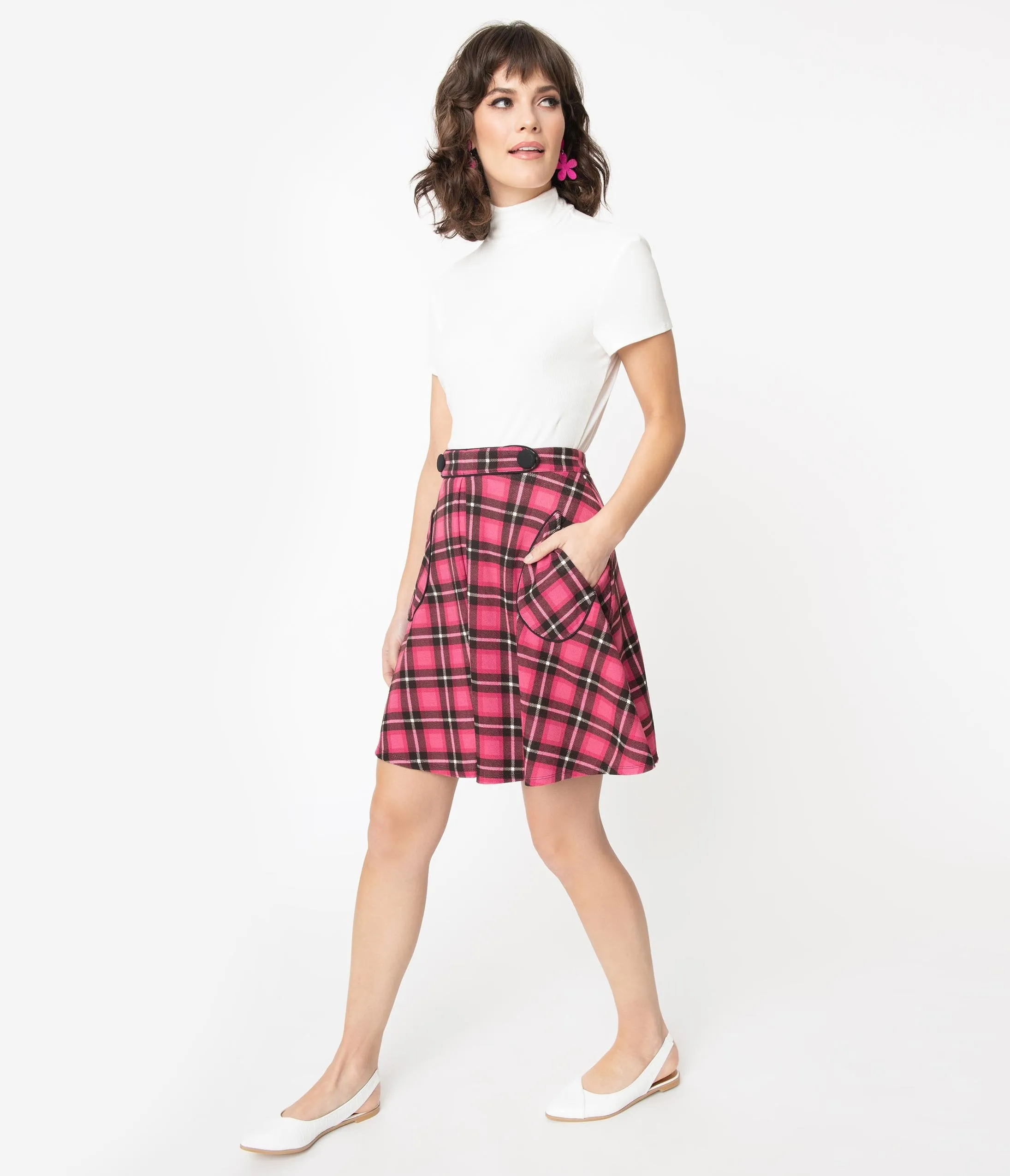 Smak Parlour 1960s Pink Plaid Trend Setter Flare Skirt