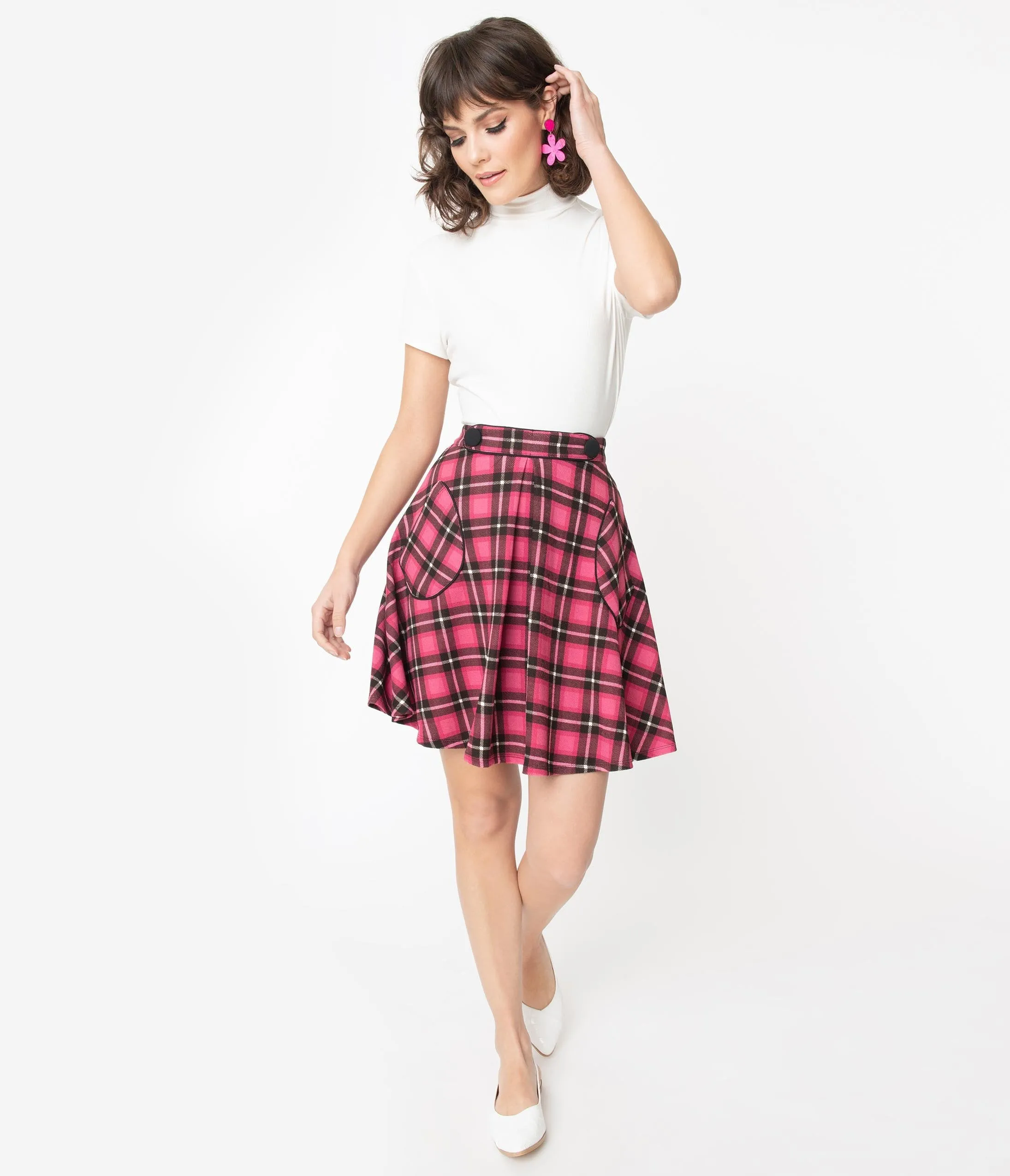 Smak Parlour 1960s Pink Plaid Trend Setter Flare Skirt