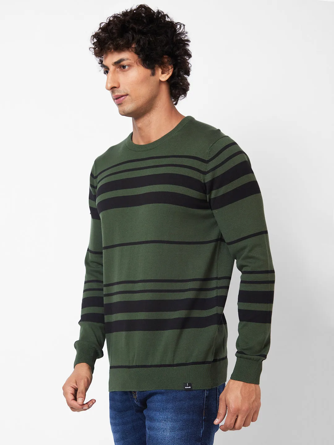 Spykar Collarless Full Sleeves Green Sweater For Men