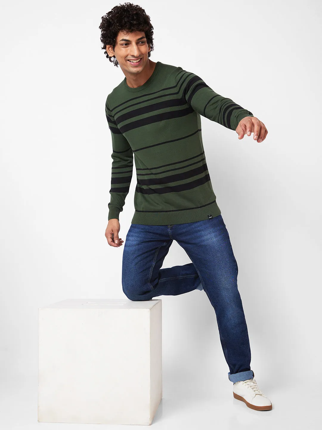 Spykar Collarless Full Sleeves Green Sweater For Men