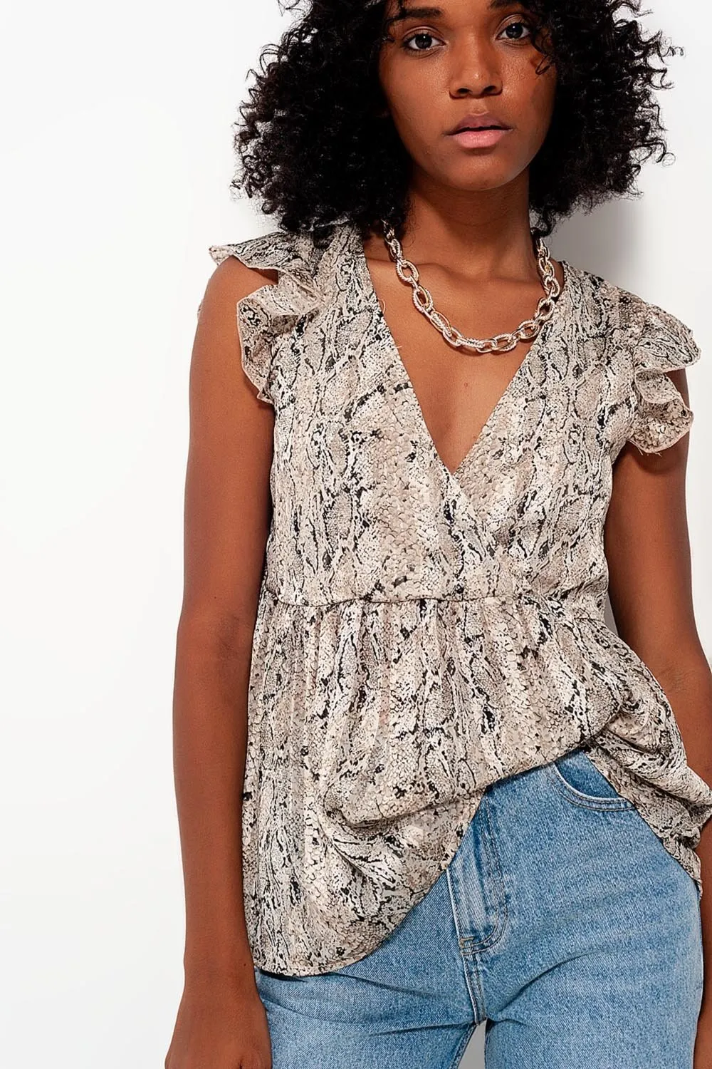 Top With Snake Print and Ruffle Sleeve