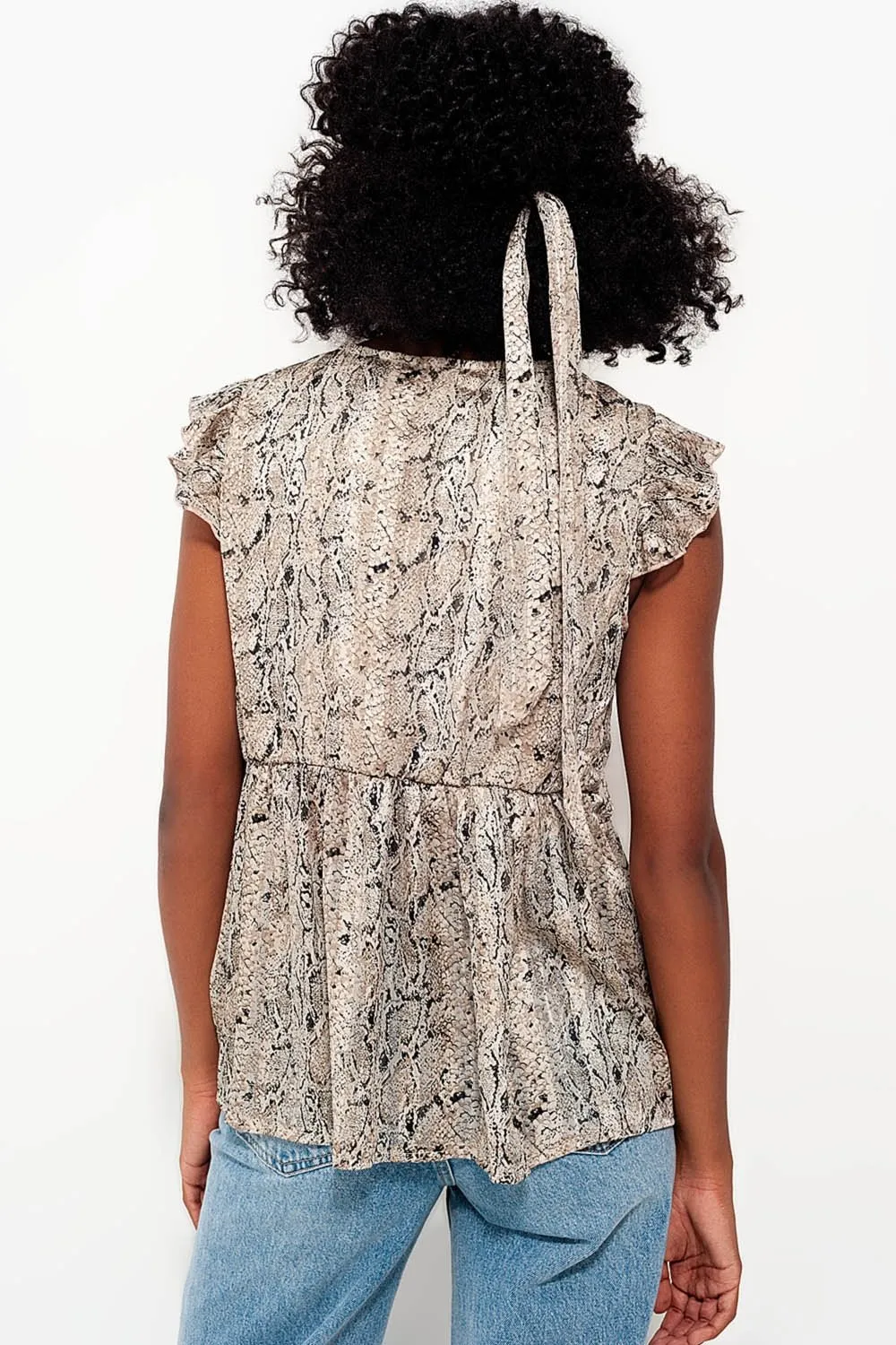 Top With Snake Print and Ruffle Sleeve