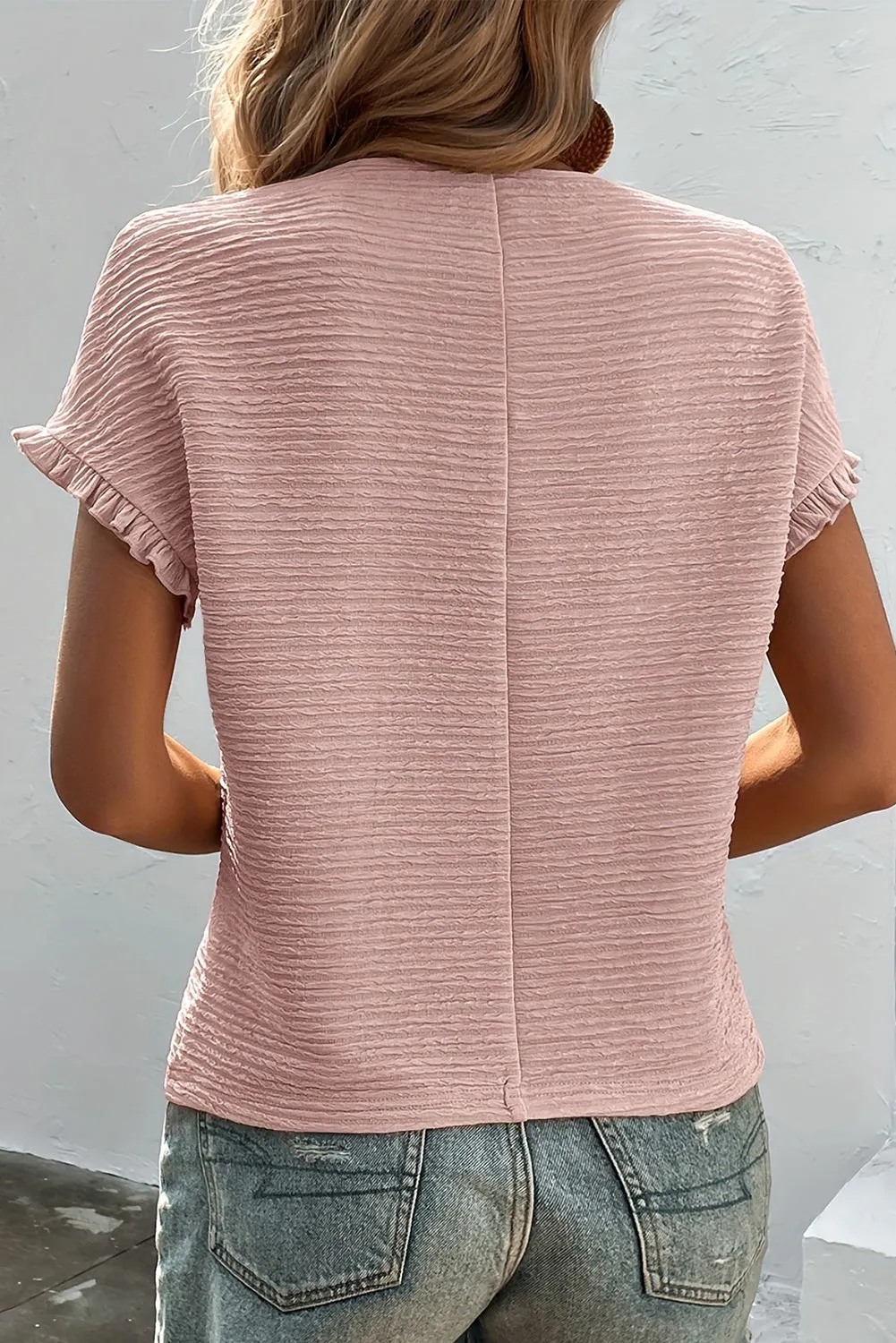 Women Solid Textured Ruffled Short Sleeve Blouse Crew Neck T Shirt