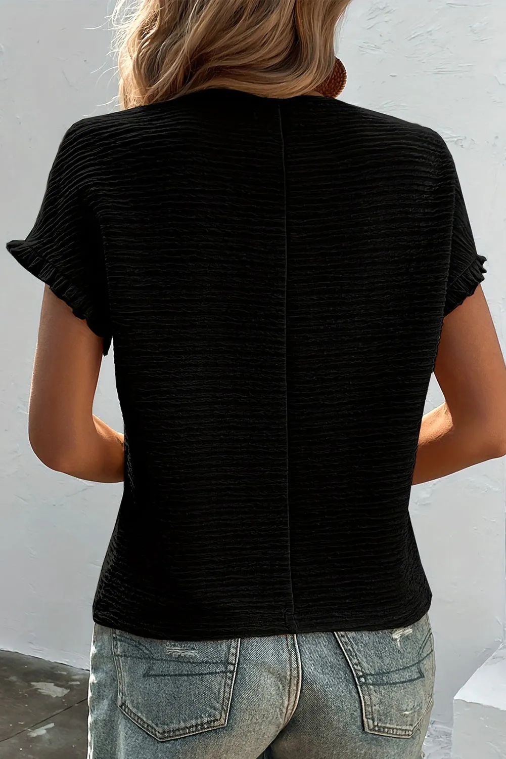 Women Solid Textured Ruffled Short Sleeve Blouse Crew Neck T Shirt