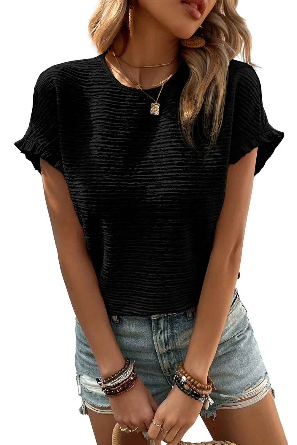 Women Solid Textured Ruffled Short Sleeve Blouse Crew Neck T Shirt