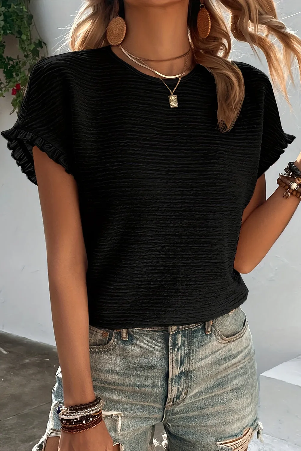 Women Solid Textured Ruffled Short Sleeve Blouse Crew Neck T Shirt
