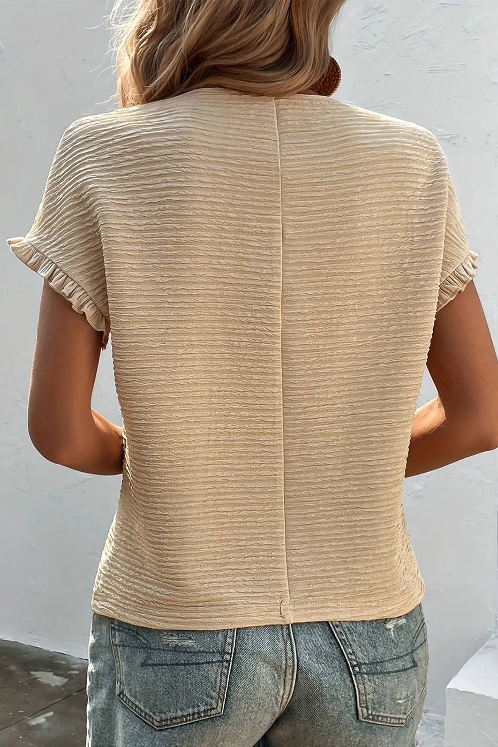 Women Solid Textured Ruffled Short Sleeve Blouse Crew Neck T Shirt