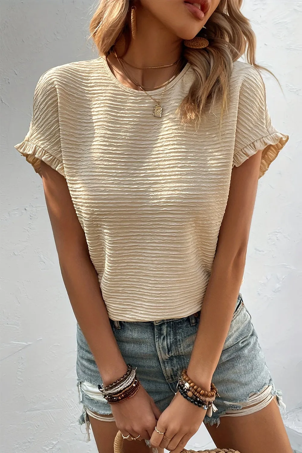Women Solid Textured Ruffled Short Sleeve Blouse Crew Neck T Shirt